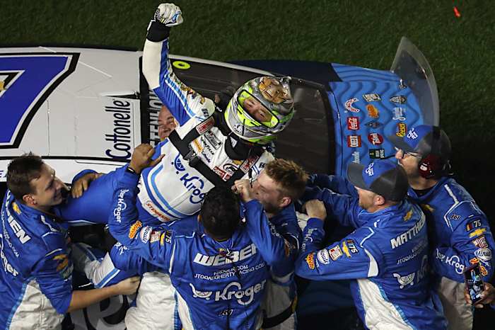 Ricky Stenhouse Jr. celebrates with his crew after winning the 65th annual Daytona 500 at Daytona International Speedway. (Photo by Mike Ehrmann/Getty Images)